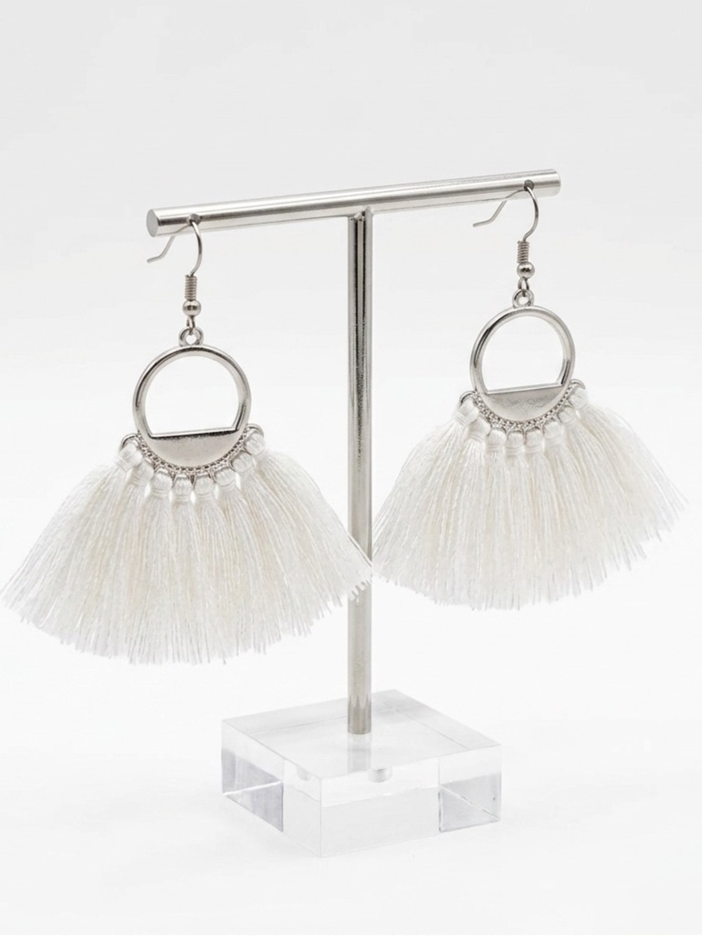 New Bohemian Off White Tassel Gold Tone Macrame Semi Circle Dangle Earrings